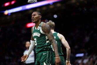 Kevin Porter Jr. #3 of the Milwaukee Bucks reacts during the second quarter against the Miami Heat at Kaseya Center on April 05, 2025 in Miami, Florida.