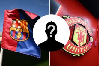 Split image of Barcelona flag and Manchester United badge with overlay of mystery player