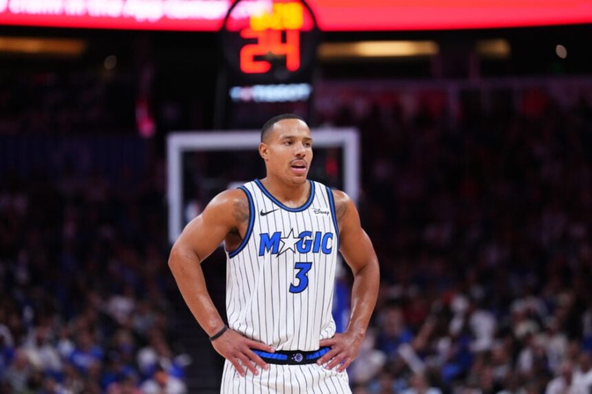 Desmond Bane #3 of the Orlando Magic looks on against the Chicago Bulls during the third quarter at Kia Center.