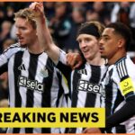 Nick Woltemade celebrates with his Newcastle United teammates