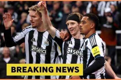 Nick Woltemade celebrates with his Newcastle United teammates