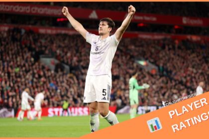 Harry Maguire celebrates scoring for Manchester United against Liverpool