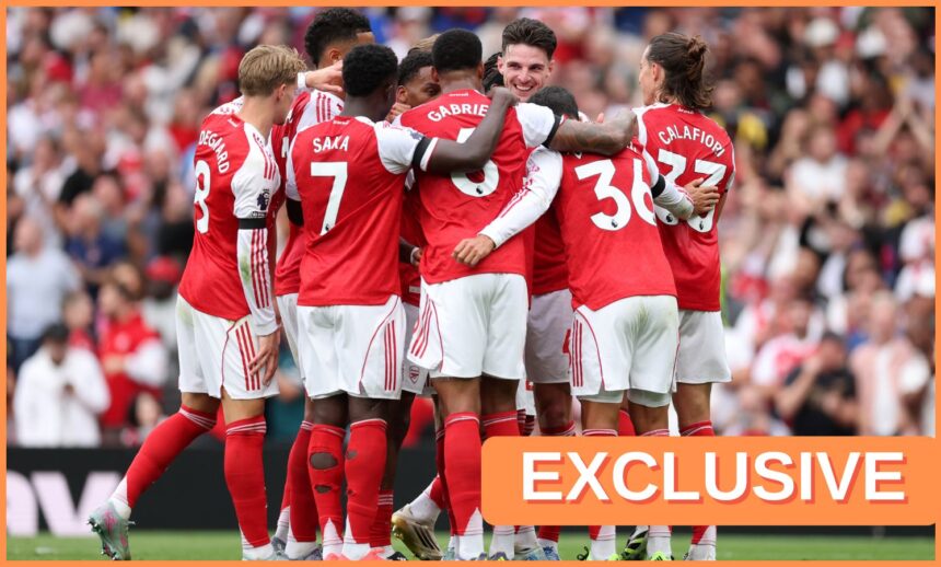 Jurrien Timber celebrates with his Arsenal teammates