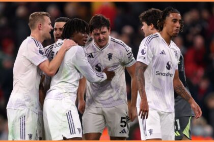 Matthijs de Ligt celebrates with his Manchester United teammates