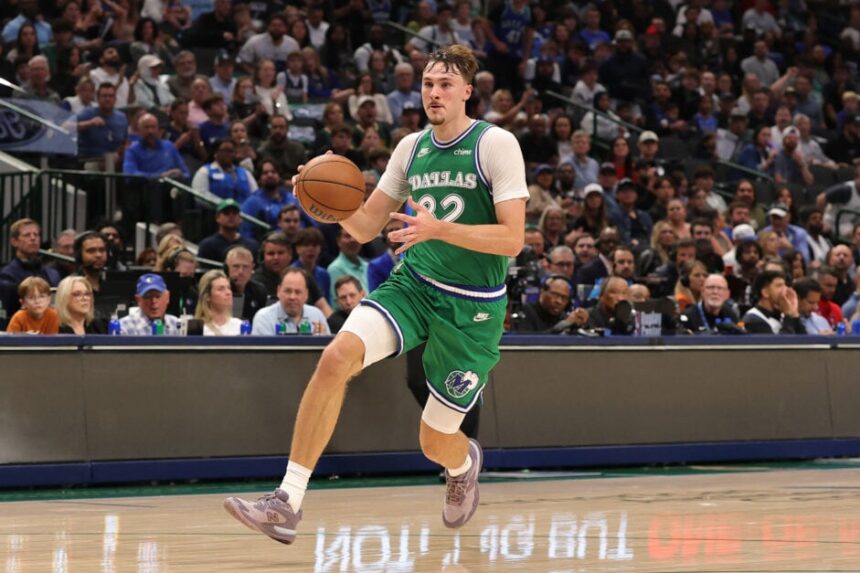 Cooper Flagg #32 of the Dallas Mavericks handles the ball during a game against the Toronto Raptors at American Airlines Center on October 26, 2025 in Dallas, Texas.