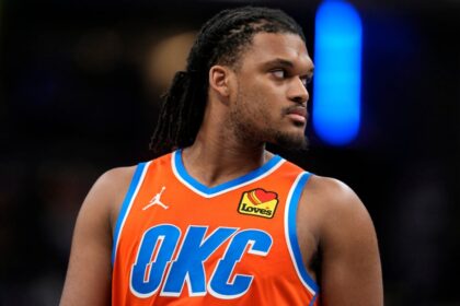 Dillon Jones #3 of the Oklahoma City Thunder plays during an NBA basketball game against the Indiana Pacers at Gainbridge Fieldhouse.