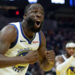 Draymond Green #23 of the Golden State Warriors complains about a call during the first half of their game against the Denver Nuggets at Chase Center on October 23, 2025 in San Francisco, California.