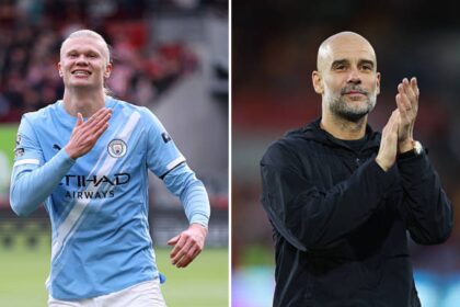Split image of Erling Haaland celebrating and Pep Guardiola applauding the fans