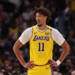 Jaxson Hayes #11 of the Los Angeles Lakers looks on against the Chicago Bulls during the first half at the United Center.