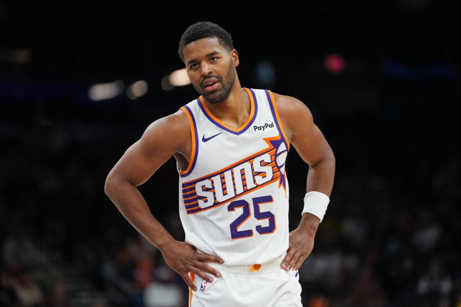 Jared Butler #25 of the Phoenix Suns looks on during the second half of the preseason NBA game against the Los Angeles Lakers at Mortgage Matchup Center on October 14, 2025 in Phoenix, Arizona.