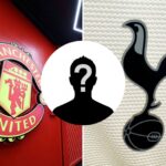 Split image of Tottenham badge and Man United badge with overlay of mystery player