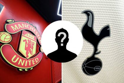 Split image of Tottenham badge and Man United badge with overlay of mystery player