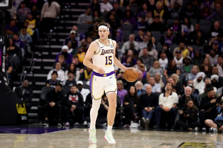 Austin Reaves #15 of the Los Angeles Lakers dribbles the ball against the Sacramento Kings at Golden 1 Center on October 26, 2025 in Sacramento, California. Reaves finished with a career high 51 points.