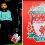 Split image of Mohamed Salah on Liverpool bench and Liverpool badge