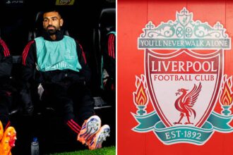 Split image of Mohamed Salah on Liverpool bench and Liverpool badge