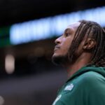 Myles Turner #3 of the Milwaukee Bucks looks on during preseason game against the Detroit Pistons at Fiserv Forum.