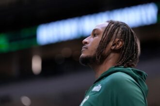 Myles Turner #3 of the Milwaukee Bucks looks on during preseason game against the Detroit Pistons at Fiserv Forum.