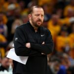 Head coach Tom Thibodeau of the New York Knicks reacts against the Indiana Pacers during the fourth quarter in Game Three of the Eastern Conference Finals of the 2025 NBA Playoffs at Gainbridge Fieldhouse.