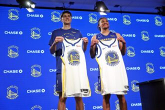 Golden State Warriors' summer league roster member and 2nd round draft picks Alex Toohey and Will Richard during press availability at Chase Center in San Francisco on Monday, June 30, 2025.