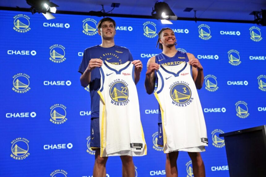 Golden State Warriors' summer league roster member and 2nd round draft picks Alex Toohey and Will Richard during press availability at Chase Center in San Francisco on Monday, June 30, 2025.
