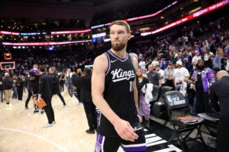 Sacramento Kings star center Domantas Sabonis leaves the court after a tough loss in the Play-In Tournament in 2025.