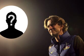 Tottenham manager Thomas Frank with overlay of mystery player