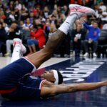 Bradley Beal #0 of the LA Clippers reacts to a Phoenix Suns offensive foul during a 129-102 LA Clippers win over the Phoenix Suns at Intuit Dome on October 24, 2025 in Inglewood, California.