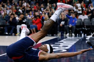 Bradley Beal #0 of the LA Clippers reacts to a Phoenix Suns offensive foul during a 129-102 LA Clippers win over the Phoenix Suns at Intuit Dome on October 24, 2025 in Inglewood, California.
