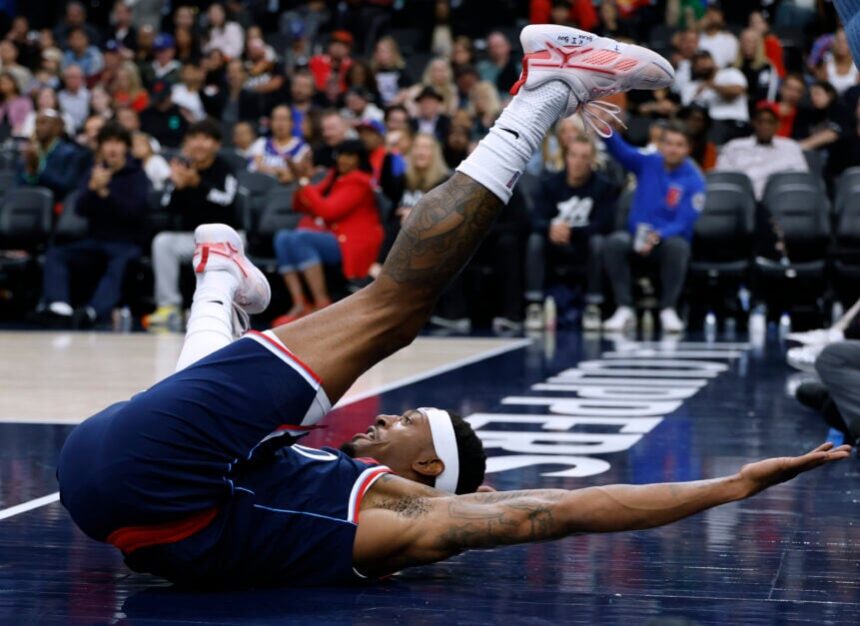 Bradley Beal #0 of the LA Clippers reacts to a Phoenix Suns offensive foul during a 129-102 LA Clippers win over the Phoenix Suns at Intuit Dome on October 24, 2025 in Inglewood, California.