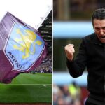 Split image of Aston Villa flag and Unai Emery