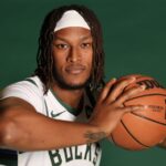 Myles Turner #3 of the Milwaukee Bucks poses for a portrait during media day at Fiserv Forum.