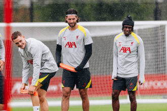Dominik Szoboszlai, Florian Wirtz and Jeremie Frimpong in training.