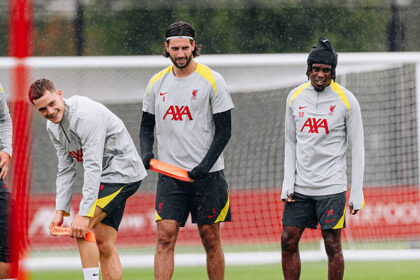Dominik Szoboszlai, Florian Wirtz and Jeremie Frimpong in training.