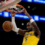 Los Angeles Lakers center Deandre Ayton (5) dunks during the second half of an NBA basketball game against the Minnesota Timberwolves at Crypto.com Arena on Friday, Oct. 24, 2025 in Los Angeles, CA.