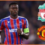 Marc Guehi alongside Liverpool and Manchester United club badges