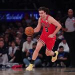 Josh Giddey #3 of the Chicago Bulls brings the ball up the court during the first quarter of the game against the New York Knicks at Madison Square Garden.
