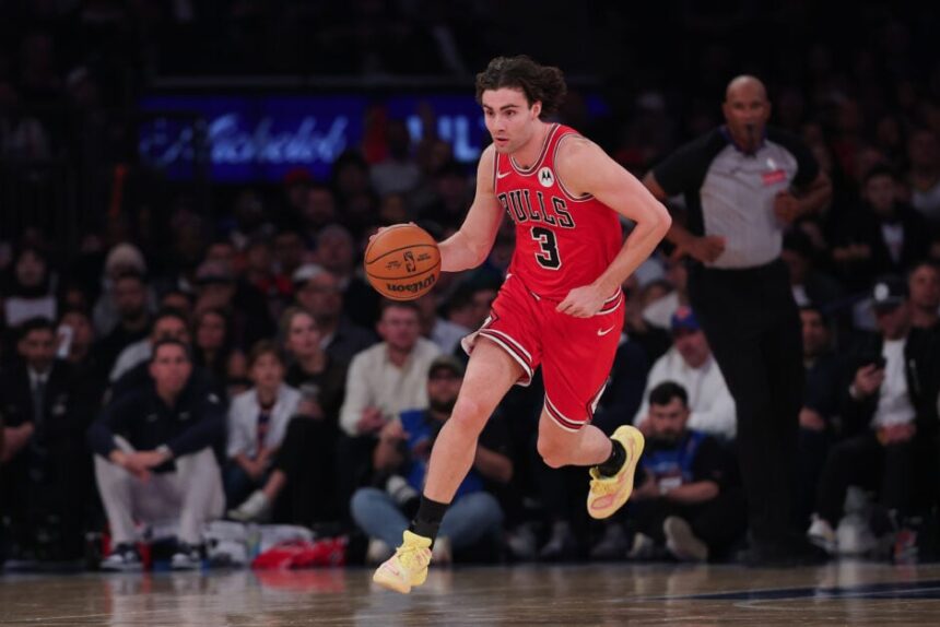 Josh Giddey #3 of the Chicago Bulls brings the ball up the court during the first quarter of the game against the New York Knicks at Madison Square Garden.