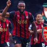 Antoine Semenyo celebrating his goal with overlay of Liverpool and Arsenal badges