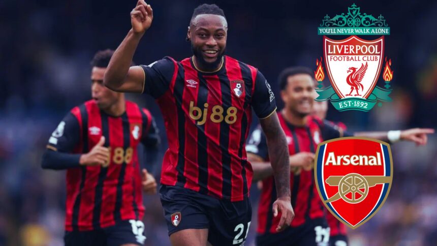 Antoine Semenyo celebrating his goal with overlay of Liverpool and Arsenal badges