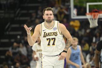 Luka Doncic #77 of the Los Angeles Lakers celebrates a made three-pointer during an NBA Cup game at FedExForum.