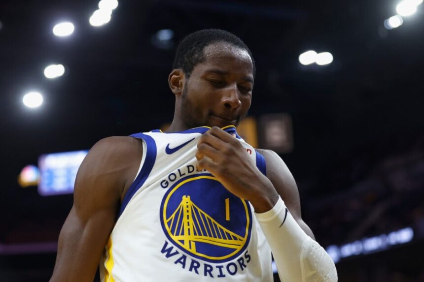 Jonathan Kuminga #1 of the Golden State Warriors reacts after a play in 2025 NBA preseason.