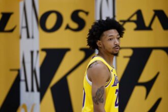 Nick Smith Jr. #20 of the Los Angeles Lakers during Los Angeles Lakers Media Day at UCLA Health Training Center.