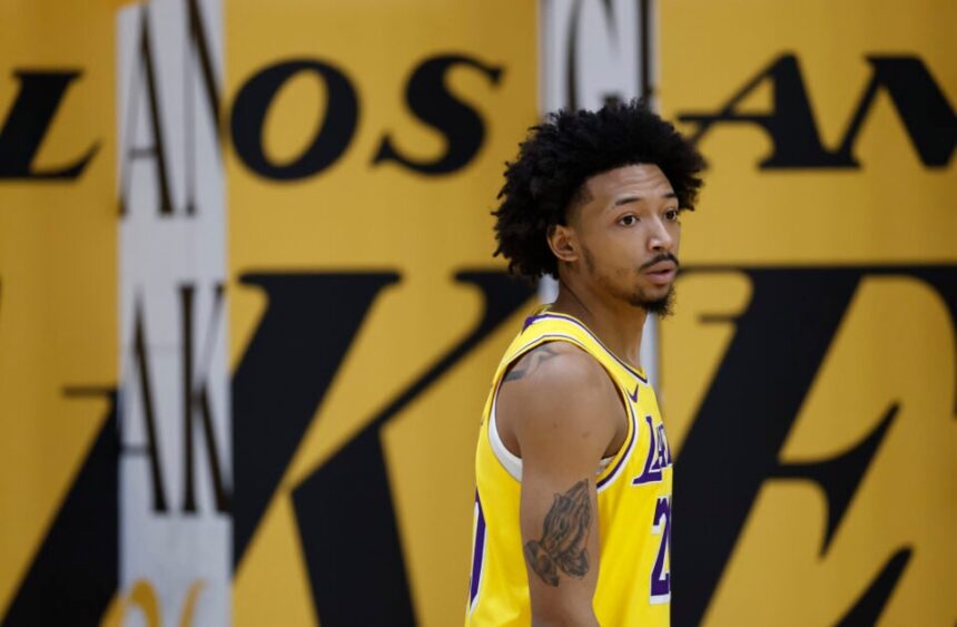 Nick Smith Jr. #20 of the Los Angeles Lakers during Los Angeles Lakers Media Day at UCLA Health Training Center.