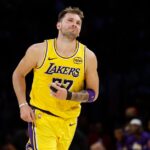 Luka Doncic #77 of the Los Angeles Lakers reacts during play against the Minnesota Timberwolves in the second half at Crypto.com Arena.