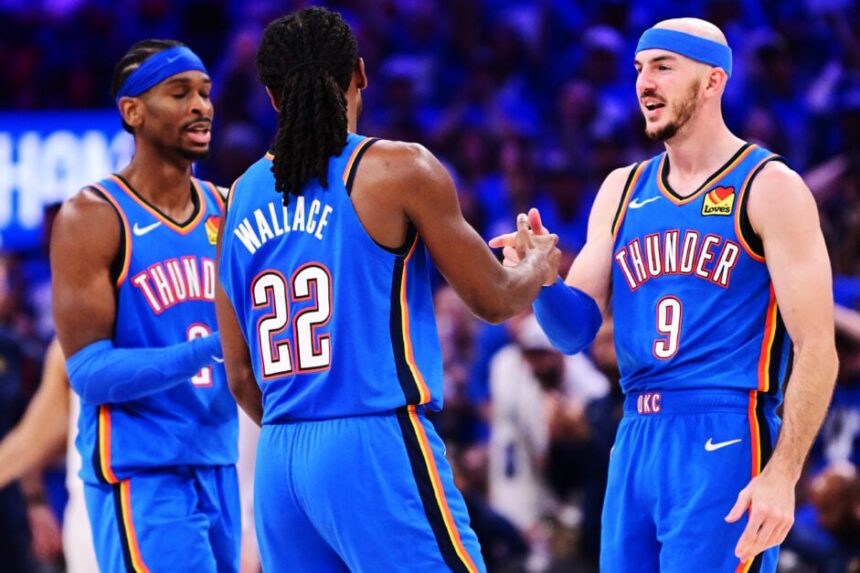 Alex Caruso #9, Cason Wallace #22 and Shai Gilgeous-Alexander #2 of the Oklahoma City Thunder react during the fourth quarter against the Denver Nuggets in Game Seven of the Western Conference Second Round NBA Playoffs at Paycom Center on May 18, 2025 in Oklahoma City, Oklahoma.