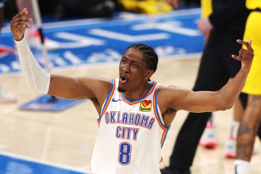 Jalen Williams celebrates against the Indiana Pacers during Game Five of the 2025 NBA Finals