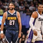 Jamal Murray (27) of the Denver Nuggets jokes with Russell Westbrook (18) of the Sacramento Kings during the fourth quarter of the Nuggets' 130-124 win at Ball Arena in Denver, Colorado on Monday, November 3, 2025.