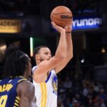 Stephen Curry #30 of the Golden State Warriors takes a shot in the fourth quarter against the Indiana Pacers