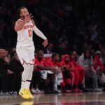 Jalen Brunson #11 of the New York Knicks reacts after making a three pointer during the first quarter of the game against the Chicago Bulls at Madison Square Garden on November 02, 2025 in New York City.