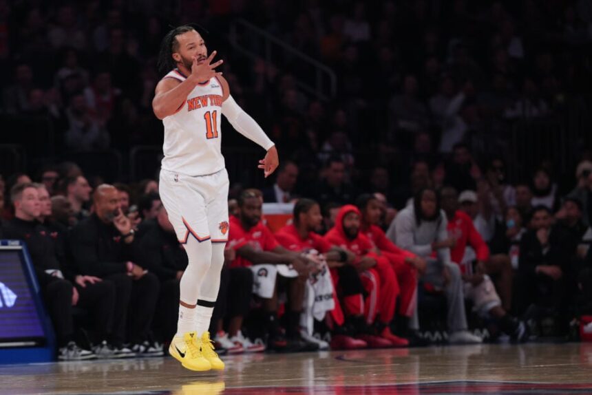Jalen Brunson #11 of the New York Knicks reacts after making a three pointer during the first quarter of the game against the Chicago Bulls at Madison Square Garden on November 02, 2025 in New York City.